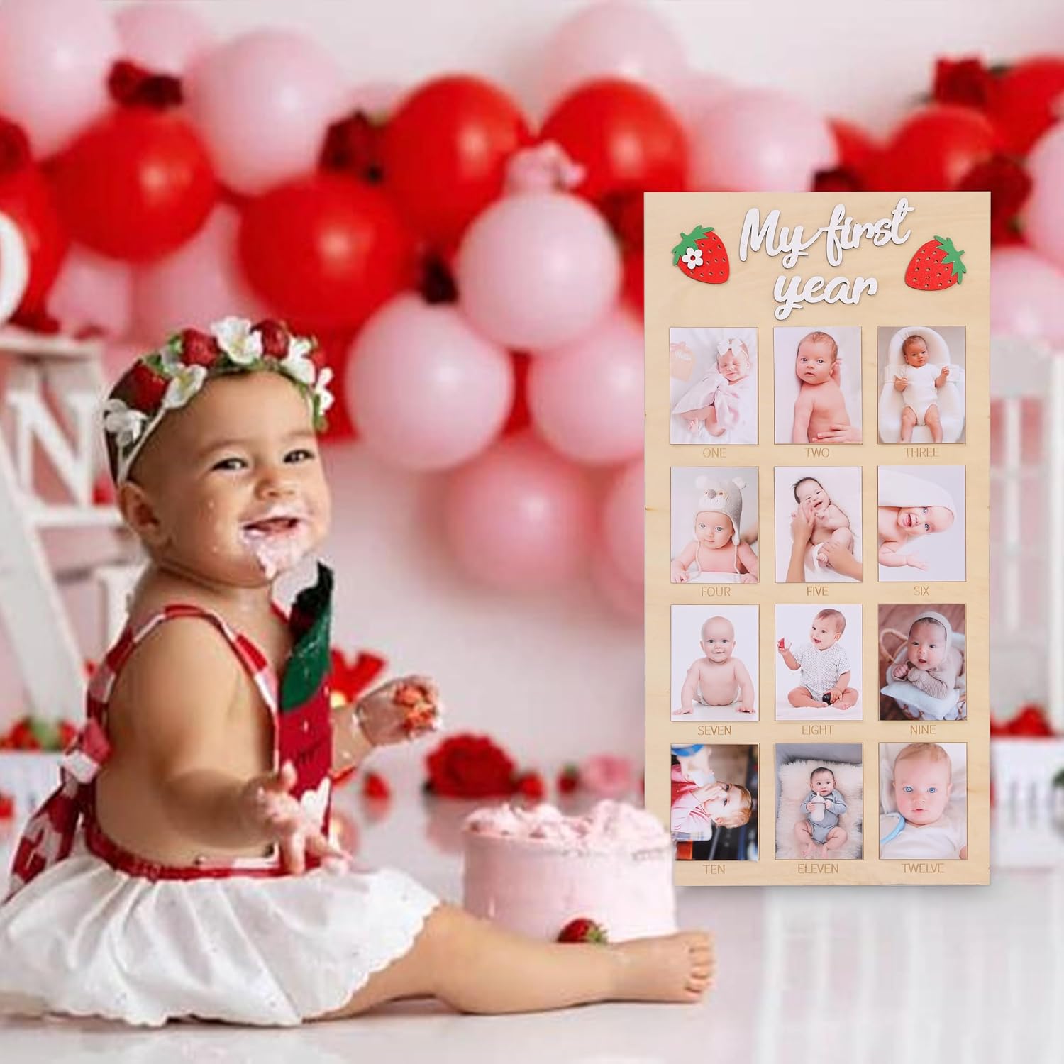 Berry First Year Wooden Photo Board - Strawberry Birthday Party Decorations, 12 Monthly Milestone Picture Frame, Strawberry  Year Wooden Sign