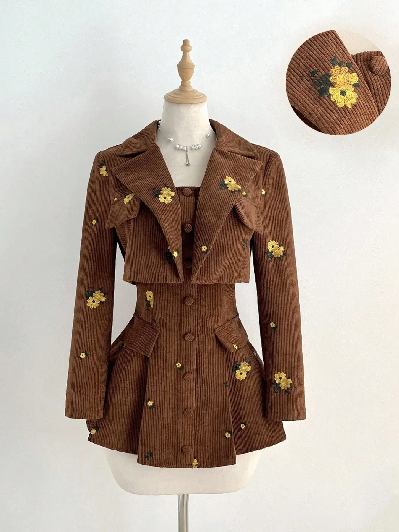 Autumn Winter Women's Vintage Velveteen Two-Piece Set, Floral Embroidery Short Jacket + Ruffle Dress, Retro Style Fashion, Matching Set Outfit
