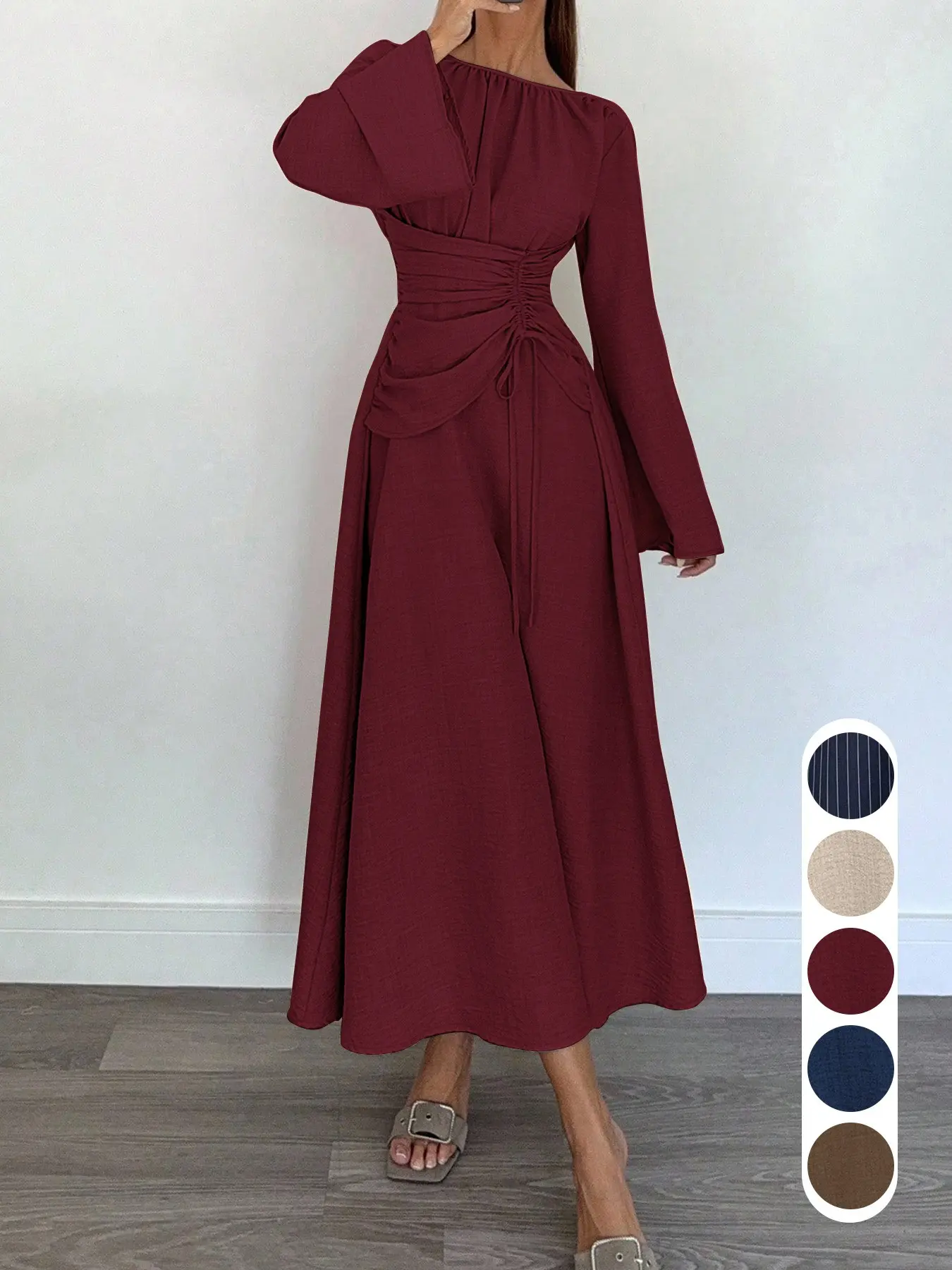 Women Long Sleeve Maxi Dress Drawstring Ruched Waist Fake Two Piece A Line Long Dress Casual Textured Loose Midi Dress casual everyday vacation outfit modest fashion office wear spring fall dress minimalist style neutral tone dress relaxed fit