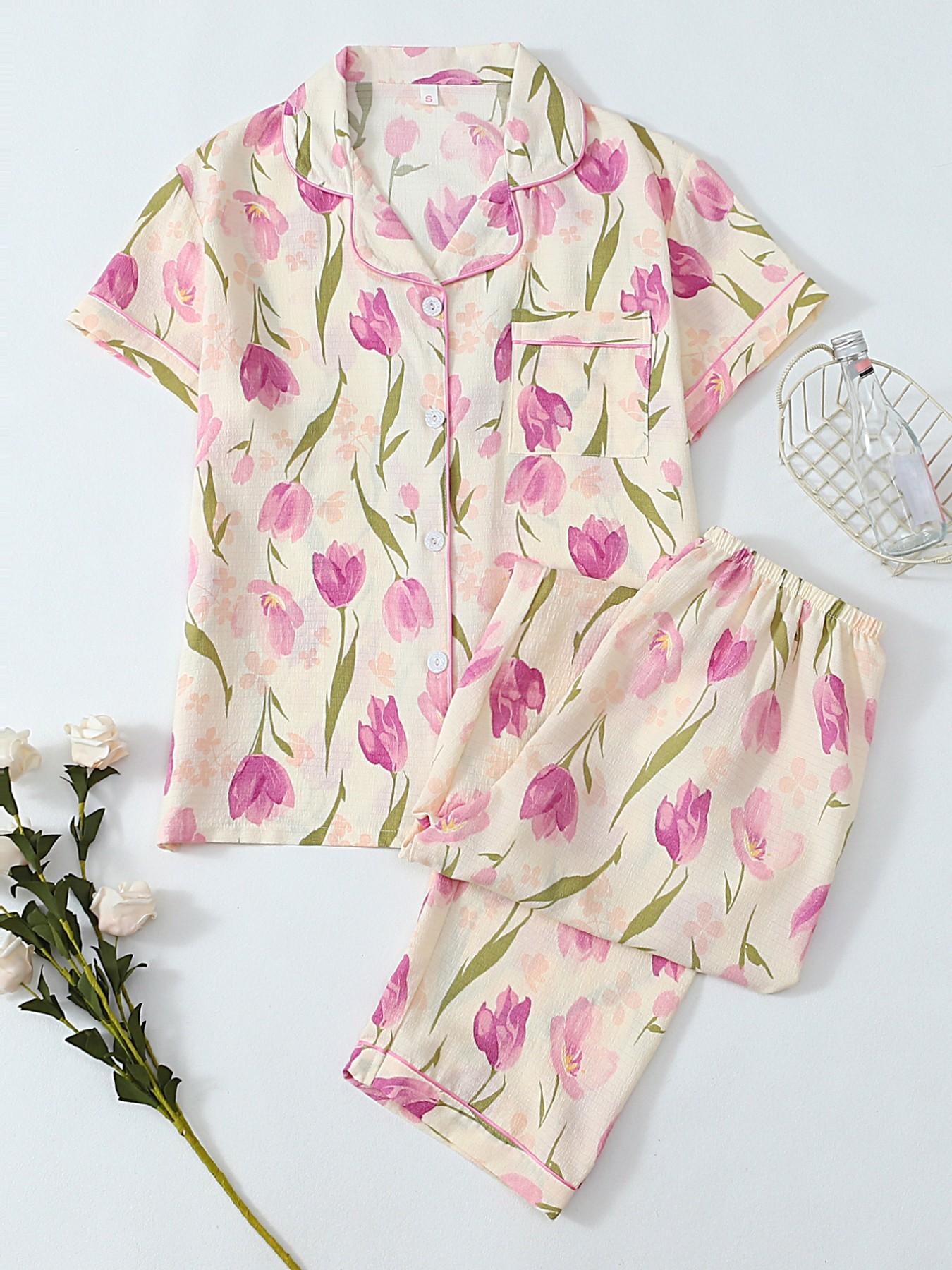 Women's Heart Print Short Sleeve Pajama, Casual Comfy Striped Print Lapel Neck Pocket Shirt & Pants PJ Set, Ladies Sleepwear for All Seasons, Loungewear