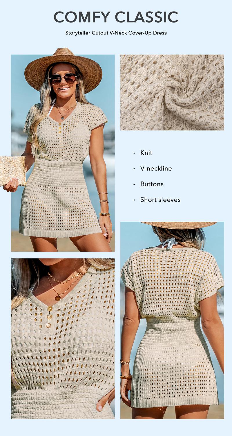 CUPSHE Boho V-Neck Crochet Beach Cover Up - Cinched Waist Slim Fit Mini Dress | 2026 Beach to Street Summer Vacation Essentials for Women