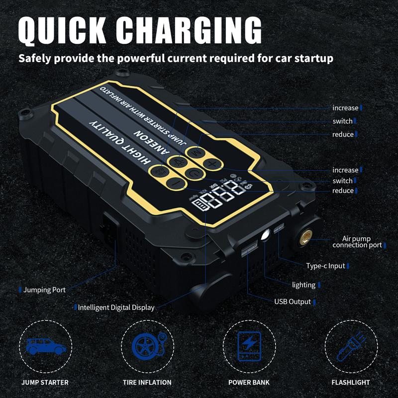 Portable Car Jump Starter with Air Compressor, 3000A 12V Lithium-Ion Battery, Automatic Shut-Off Tire Inflator, Model X49S