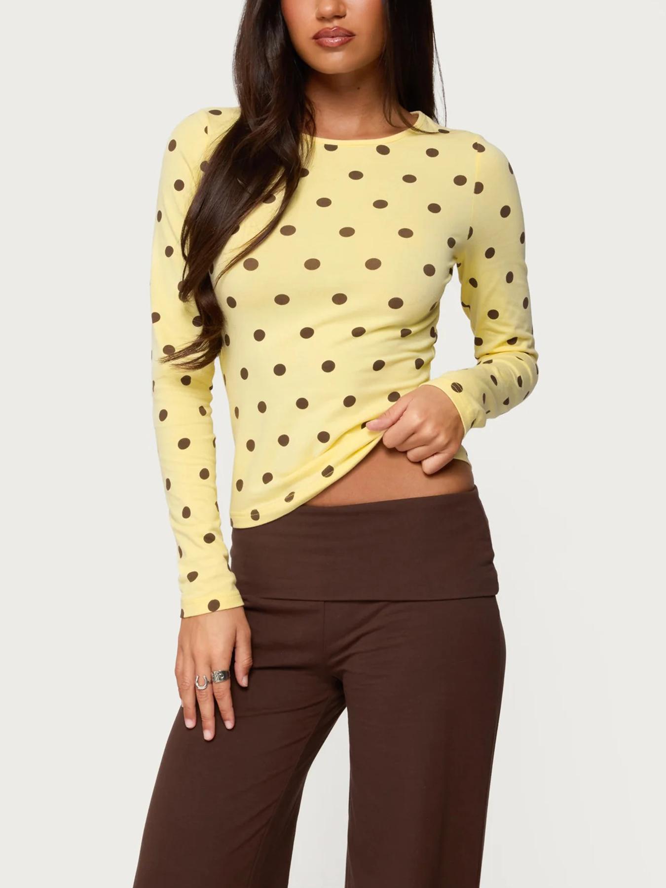 Women's Polka Dot Long Sleeve Slim Fit Short Top, Vintage Bodycon, Perfect for Dates and Shopping, Stylish Casual Wear