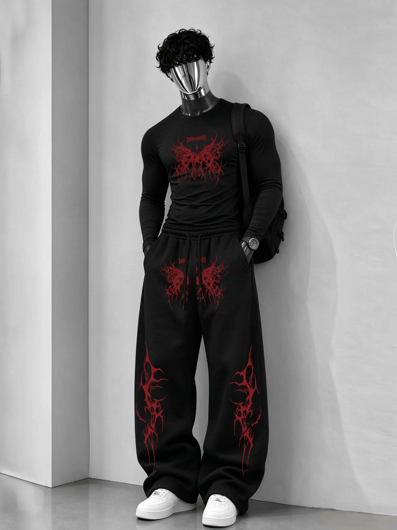 Men's Gothic Style Casual Set, Slim Fit Long Sleeve T-Shirt and Drawstring Wide Leg Pants, Ideal for Fitness and Street Fashion, Streetwear