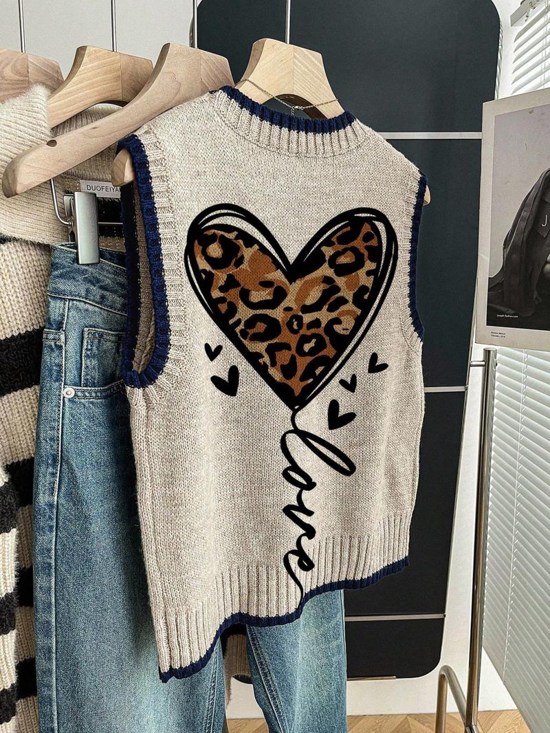 Women's Spring Summer Casual Loose Round Neck Sleeveless Knit Top, Deep Blue Contrast Binding Heart Leopard Print, Outerwear & Layering