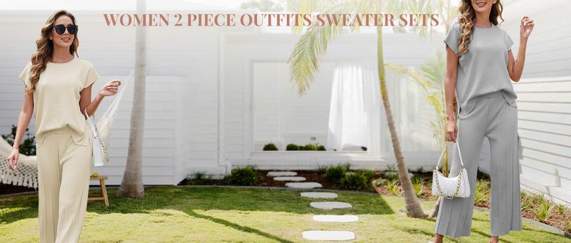 Ommig Lounge Sets for Women Two Piece Outfits Knit Cap Sleeve Tops Wide Leg Pleated Pants Casual Dressy Sweater Sets