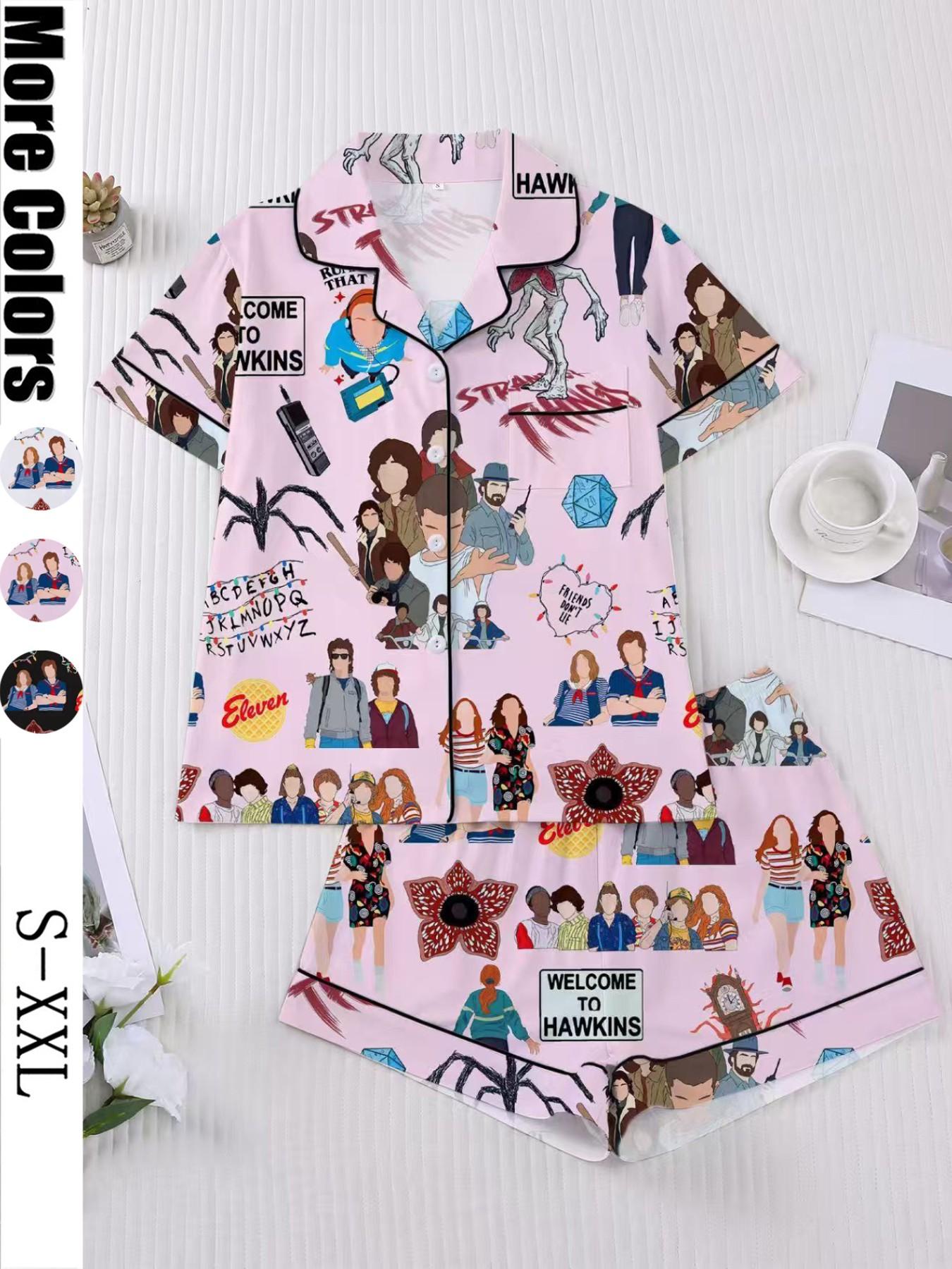 Women's Sleepwear Set, Short Sleeve Button-Down Soft Top & Elastic Shorts, Casual Comfortable Home Wear for Daily Use