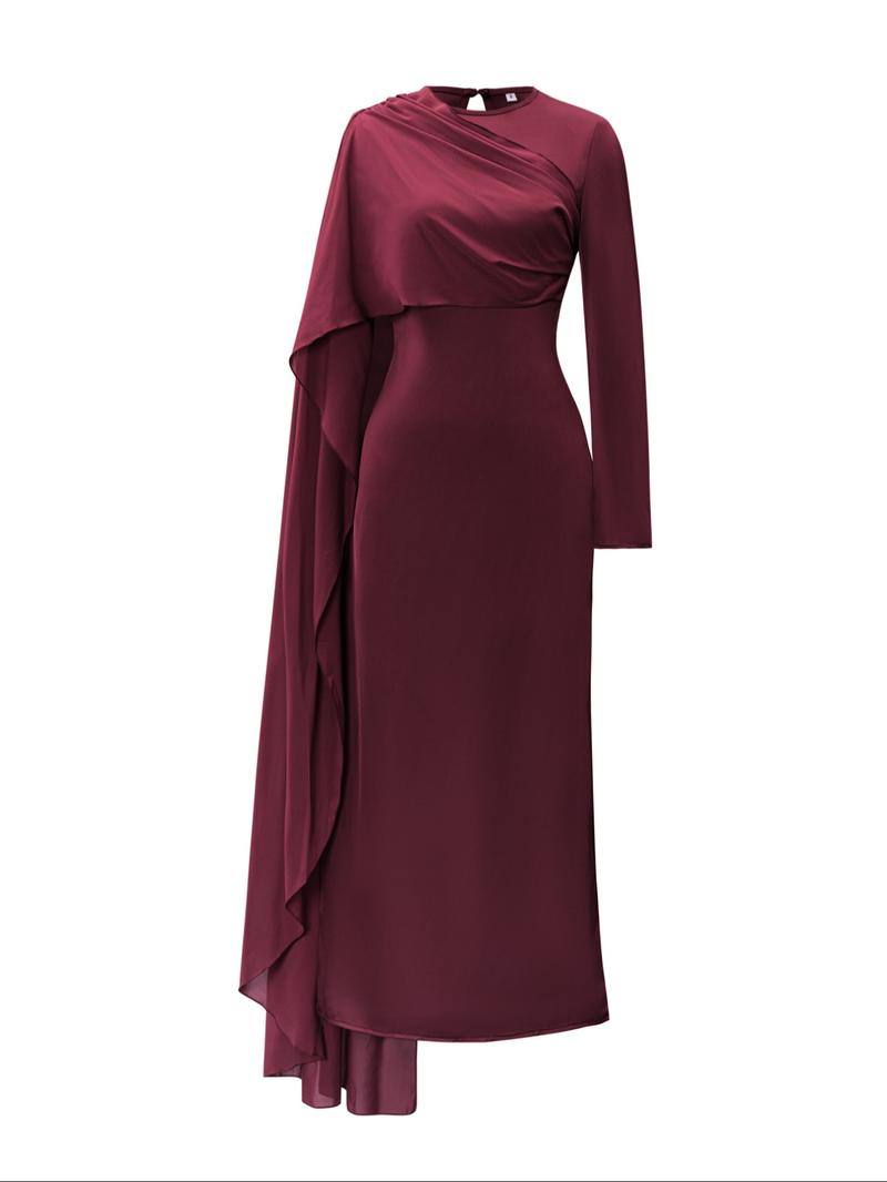 Pure Color Elegant Fashion One-Shoulder Cape Long Sleeve Dress, Fitted Style, Plain Pattern, Long Dress Length, Women's Clothing