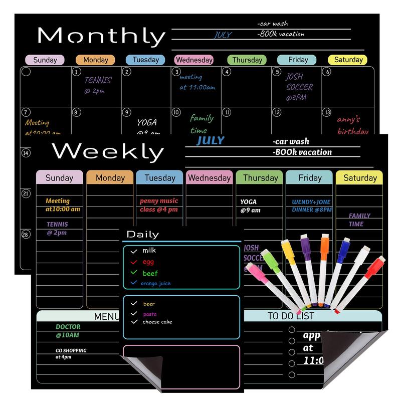 QIUCHAN Dry Erase Boards Black Set - 3 Magnetic Boards for Refrigerator, Monthly, Weekly Organizer & Daily Notepad, Wall & Fridge Family Boards Include 8 marker