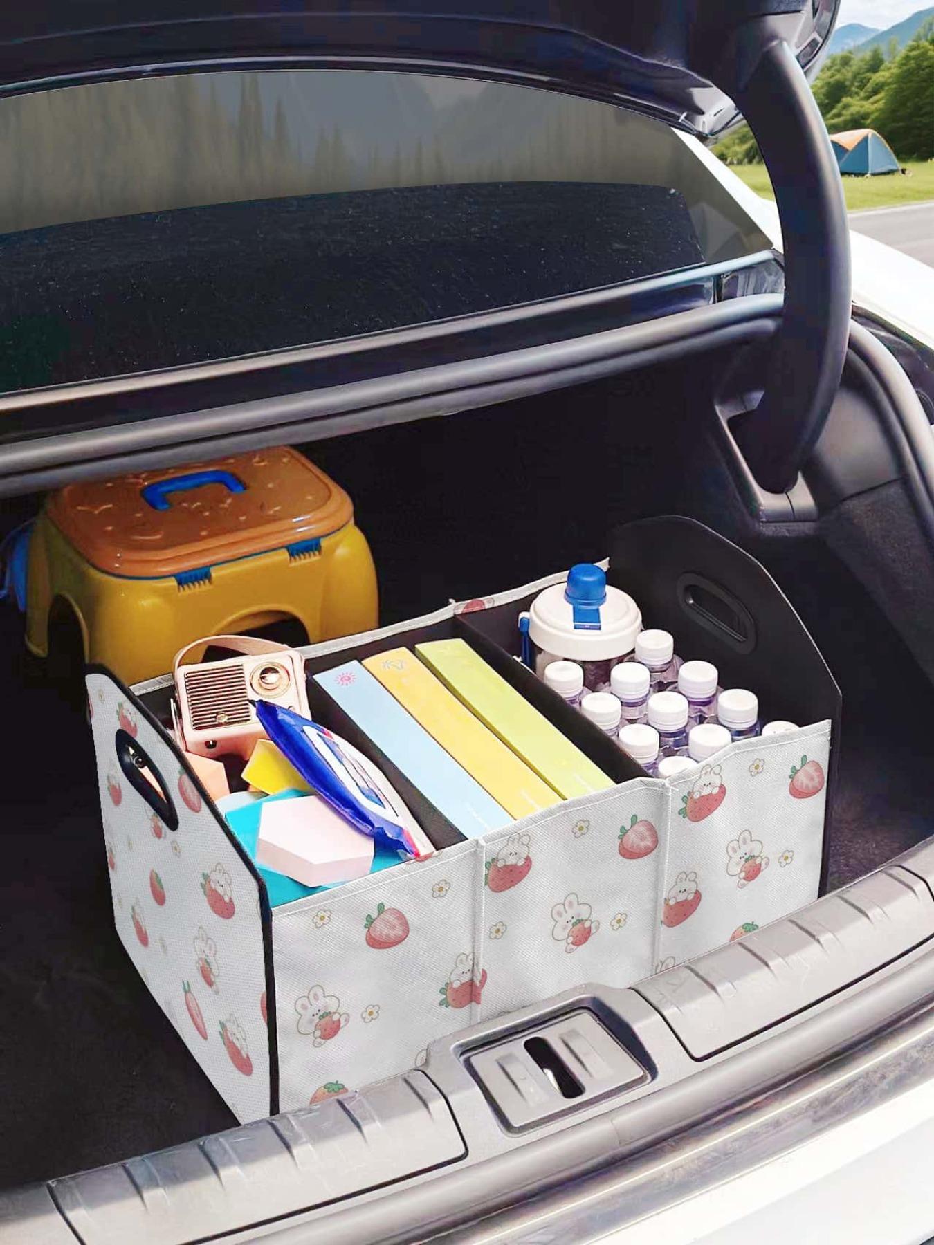 Rabbit Strawberry Pattern Car Storage Box, Foldable Trunk Organizer with Dividers, Multi-Functional Vehicle Holder for All Seasons, Car Storage Organizers