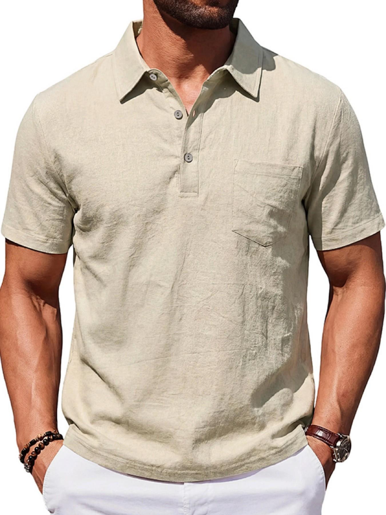 Men's Summer Linen Polo Shirt, Loose Fit Business Casual Breathable Commuter Top, Simple Design Short Sleeve Polo for Men