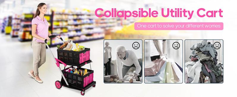 Multi-Use Functional Collapsible Carts | Mobile Folding Trolley | Shopping Cart with Storage Crate，Foldable Utility Cart with Wheels