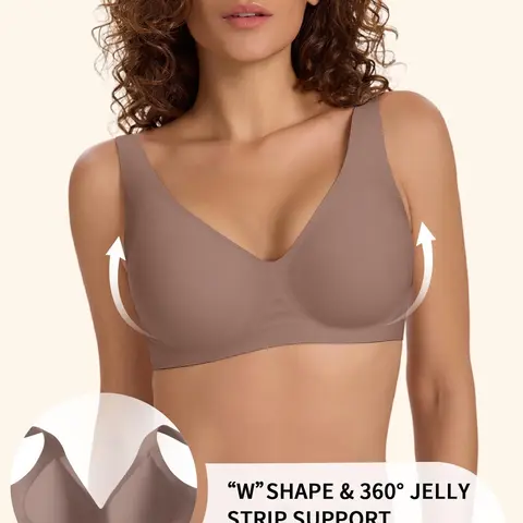 Women's Wireless Jelly Bra, Deep V Design, Medium Support, Three-Quarter Cup, Casual Fitted Lined Underwear, All Seasons, Soft Wireless Bralettes