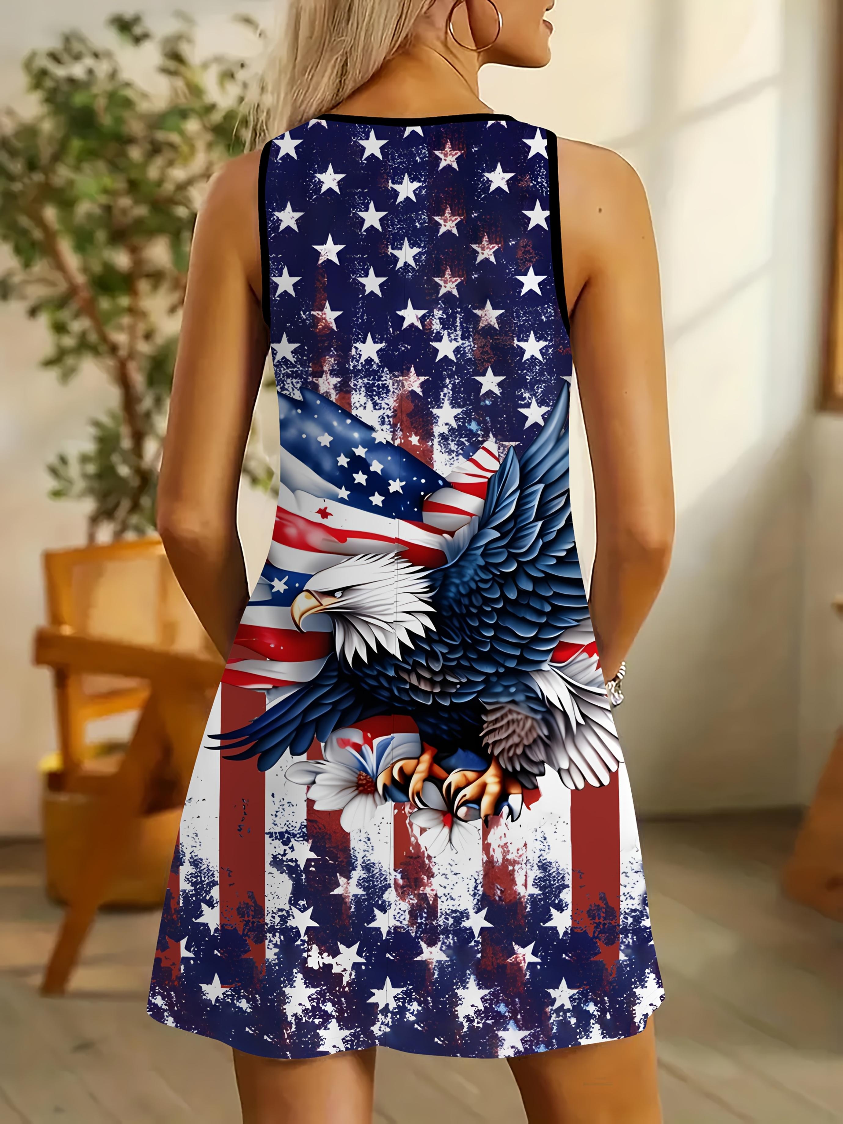 Women's sleeveless A-line dress featuring a U.S. flag print, perfect for celebrating Independence Day
