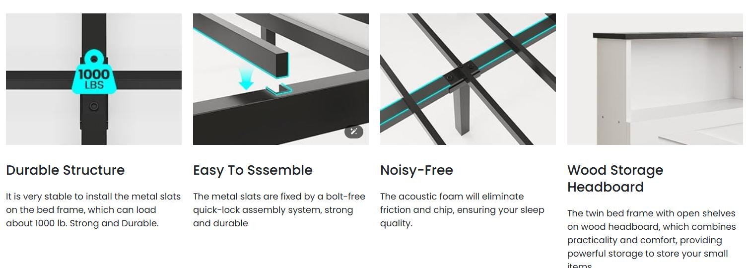 Sikaic Farmhouse Queen Bed Frame with 4 Storage Drawers and Led Lights, Wooden Bed, White Bedroom Bedframe Platform Bedframe