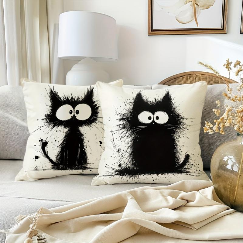 4pcs, Cute Exploding Cat Throw Pillow  Simple Black Cat Decorative Cushion Covers, Farmhouse Party Home Decor Pillowcases, for Couch Sofa Living Room Bedroom, Without Pillow Inserts.