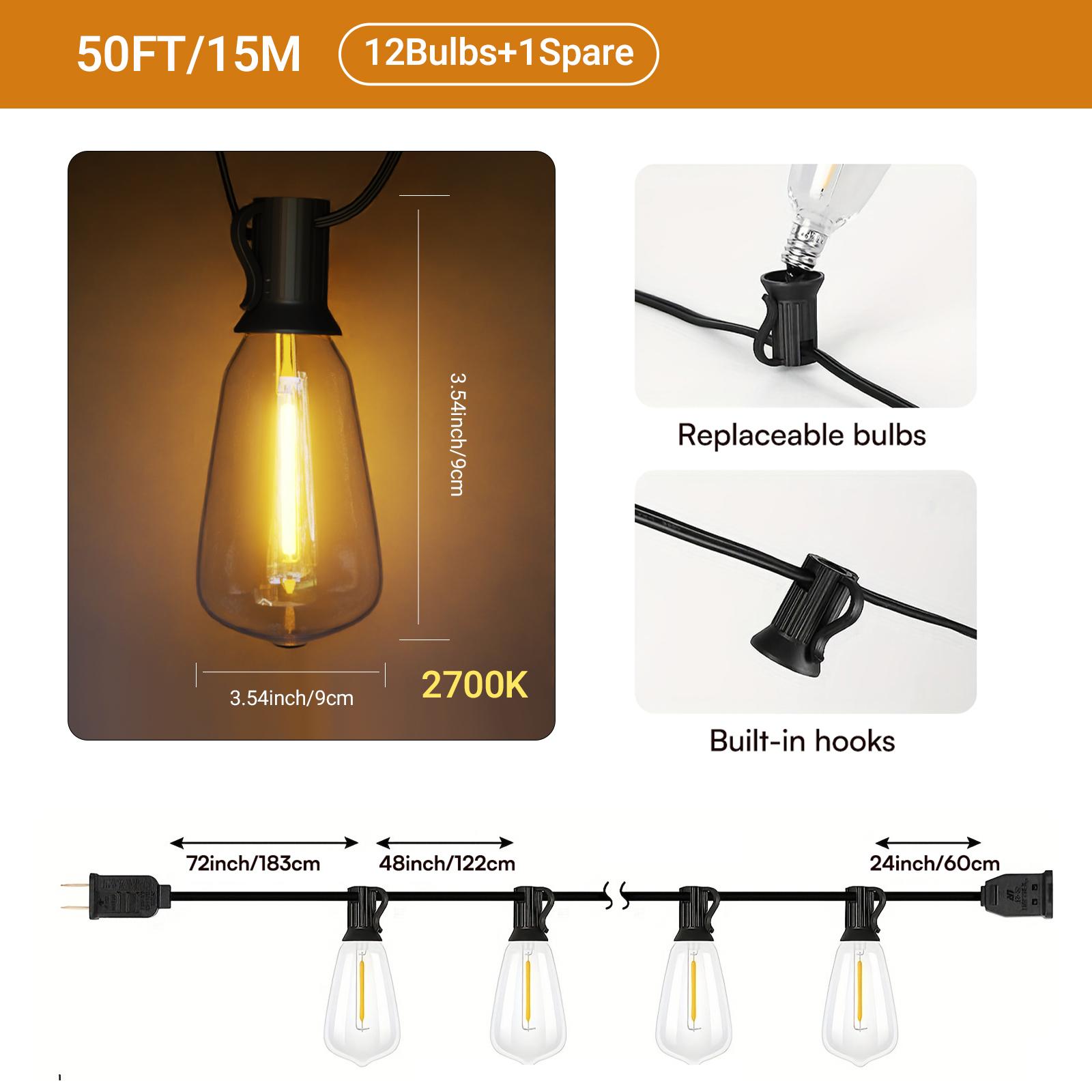 DAYBETTER LED Outdoor String Lights 50FT or 100FT or 200FT Patio Lights with 12+1 Shatterproof ST38 Vintage Edison Bulbs, Outside Hanging Lights Waterproof for Porch, Deck, Garden, Backyard, Balcony, 2700K warm white