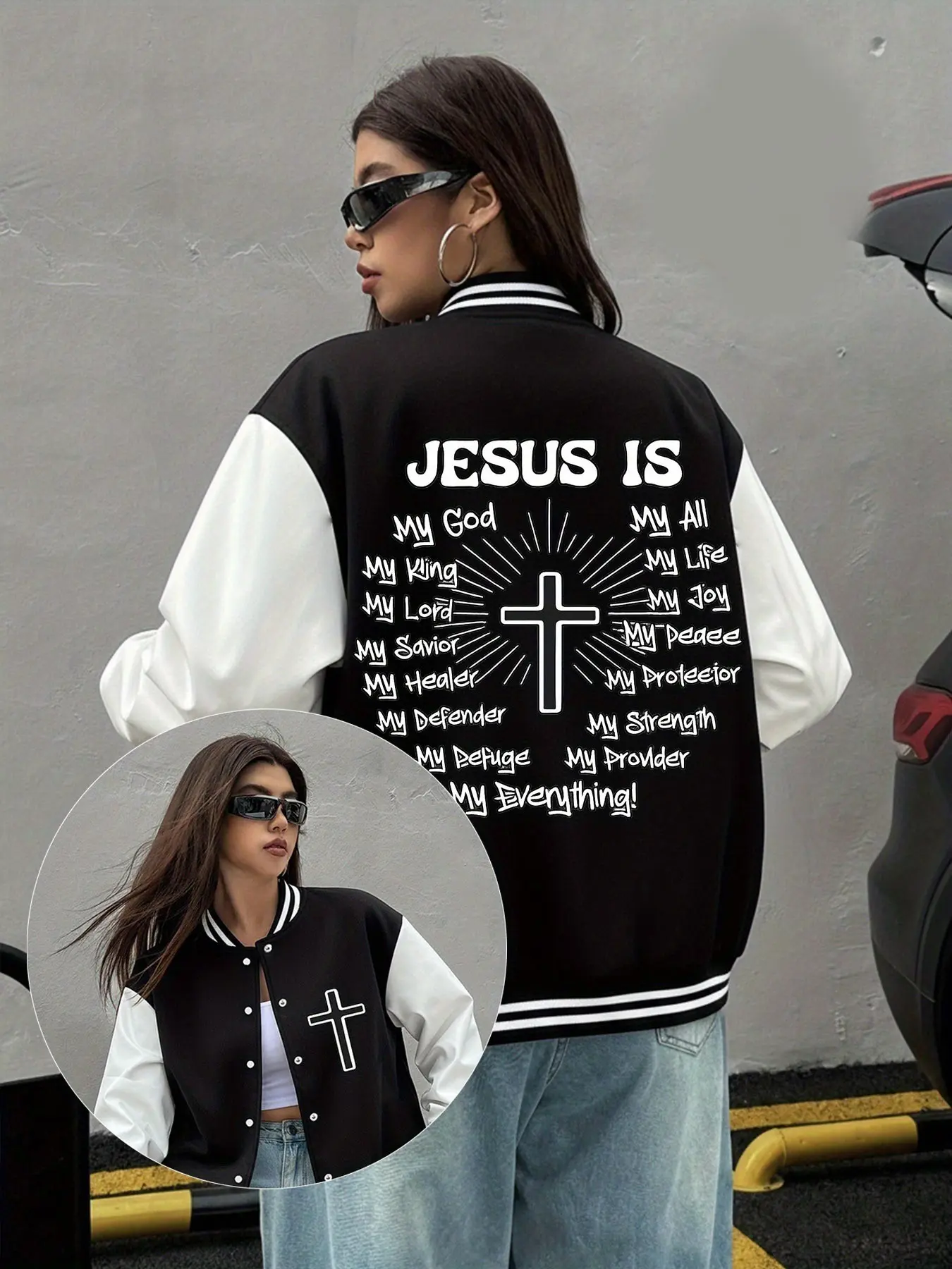 Women Jesus Is My Everything Cross Graphic Varsity Jacket Color Block Letterman Baseball Coat Streetwear Outerwear