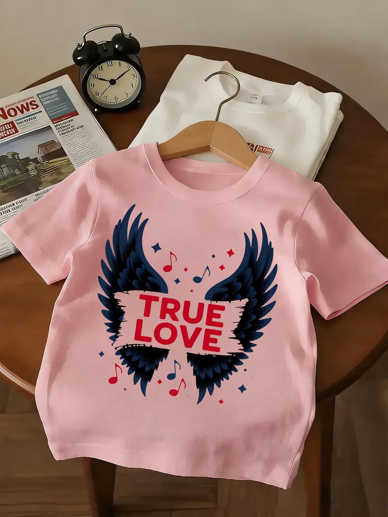 Teen Rock Style True Love Short Sleeve Tee, Deep Blue Wings True Love Print, Unisex Casual Slim Fit Round Neck T-Shirt