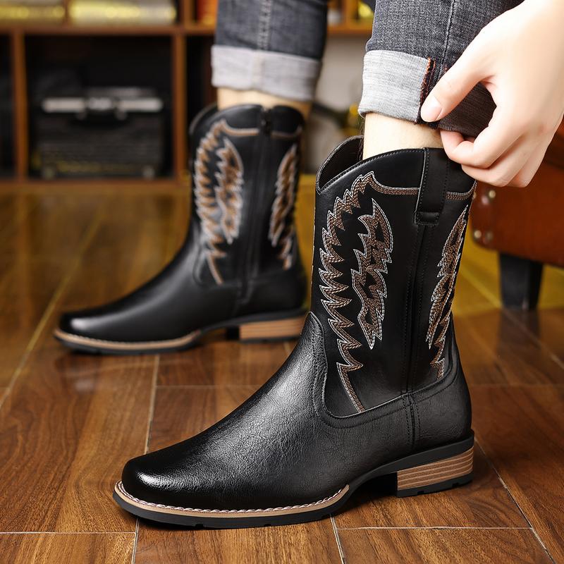 Men's Hand Embroidered Western Cowboy Boots, Vintage Brown/Black Wing Embroidery, European American Ethnic Style, Anti-Slip Sole, Closed Toe Fashion Footwear,mid-calf men