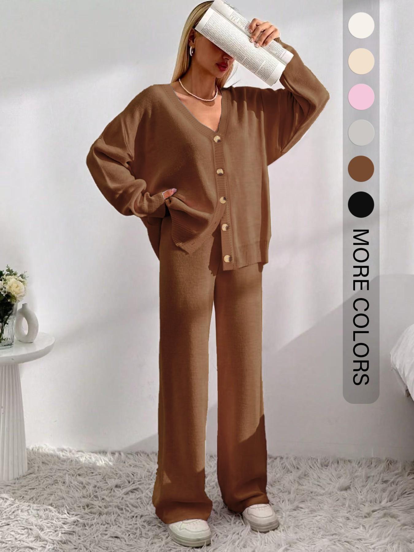 Women's Solid Button-Front Drop-Shoulder V-Neck Cardigan & Elastic Waist Wide-Leg Pants 2-piece Set, Casual Fashion Cozy Knitwear Set for Daily Outdoor Wear, Women's Outfit for Fall & Winter