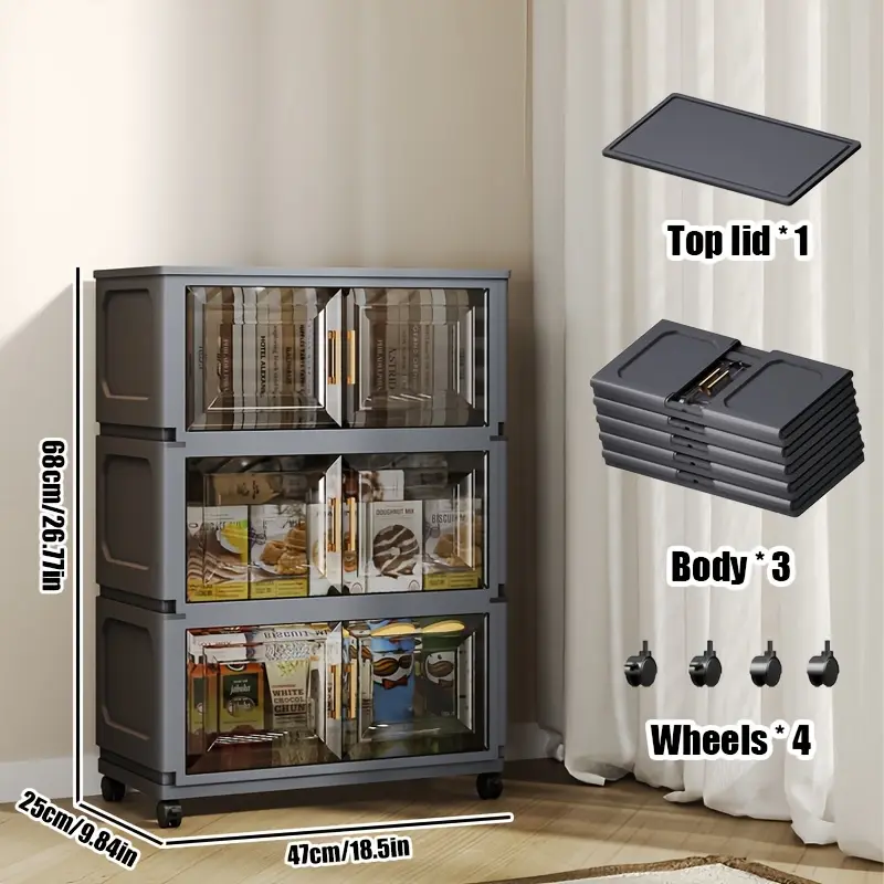A five-tier (42.72 inches) entryway Plastic storage cabinet, Multi Layer Cabinet, featuring a large capacity with 3/4/5-tier shelving, a magnetic door design paired with silent universal wheels, making it a movable entryway storage cabinet