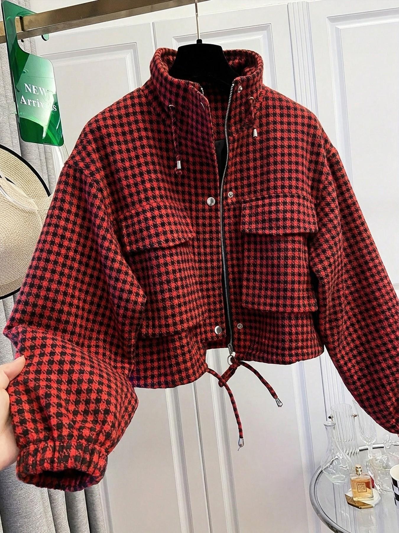 Women's Fashion Retro Plaid Stand Collar Short Coat, Drawstring Design, Zipper Front, Perfect for Fall Winter Daily Holiday Outing