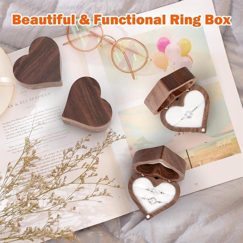 Wooden Heart Shape Ring Gift Box, Personalized Vintage Wood Jewelry Box, 2 Slot, for Proposal, Engagement, Wedding, Anniversary