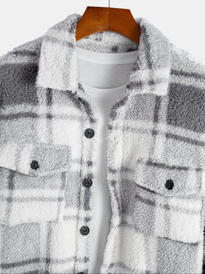 Men's Plaid Button Front Jacket Coat, Casual Warm Fleece Outerwear, Long Sleeve Lapel Design, Ideal for Daily Wear & Outdoor Activities