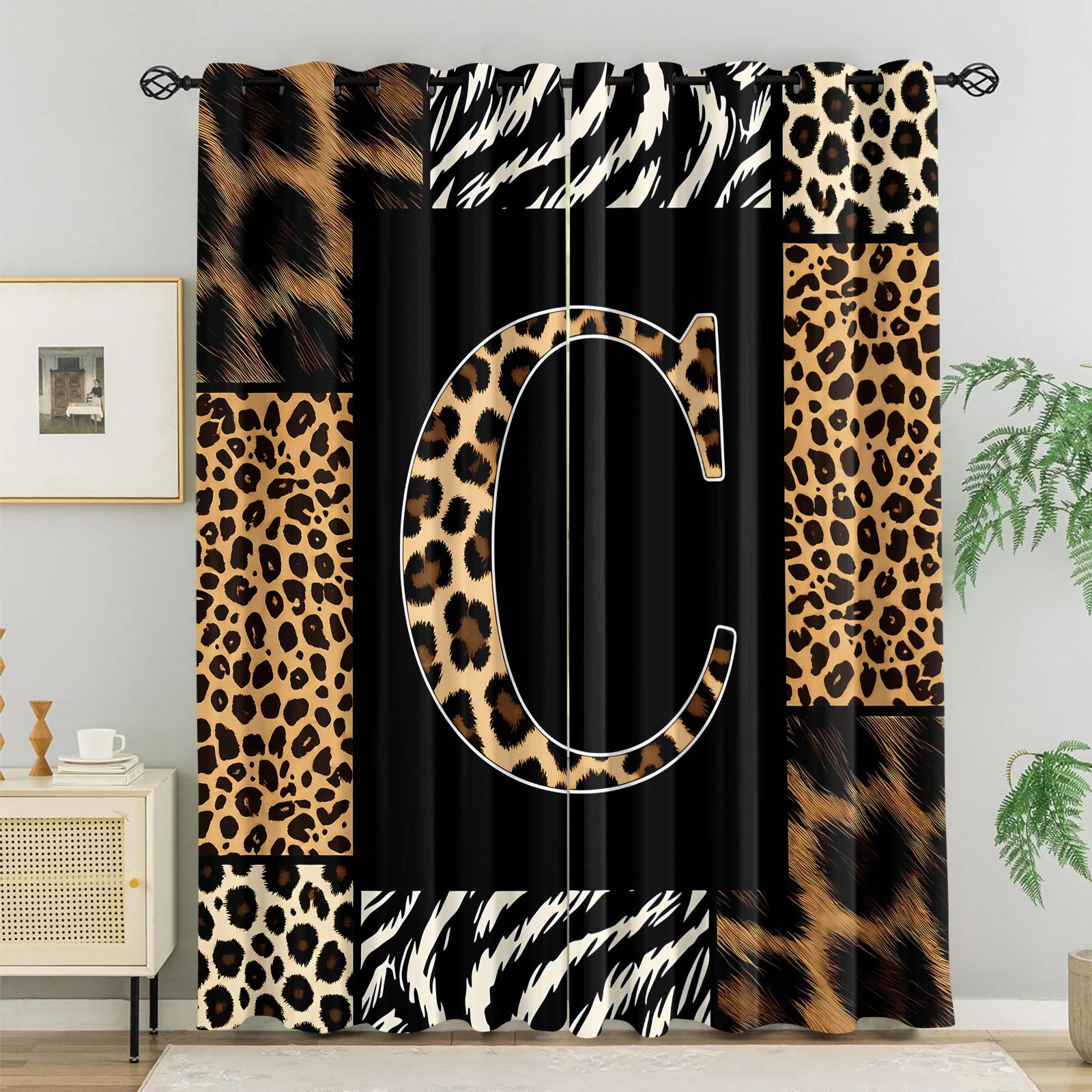 2 Panels 26 Letters Leopard Print Curtains, 80%-90% Light Blocking Curtains, Alphabet Printed Curtains, Stylish Decor Curtains for Bedroom Living Room, Wild Style Window Drapes, Ideal Gift