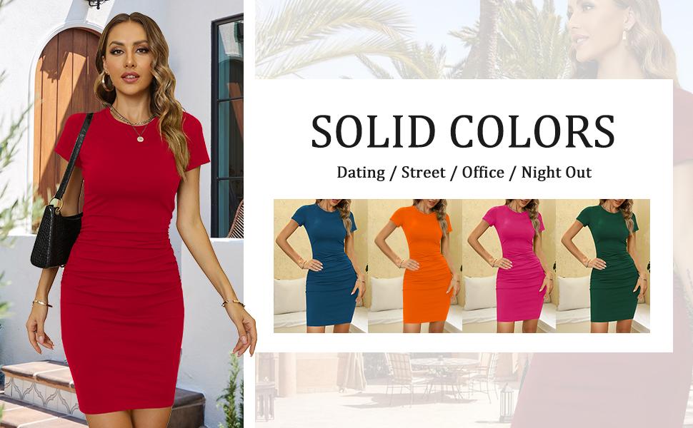 Women's Cotton-Blend Short-Sleeve Crew Neck Ruched Plain Basic Bodycon Sundress - Knee-Length, Breathable Elastic Fabric, Maternity Outfits, Machine Wash, Casual Dating Wear