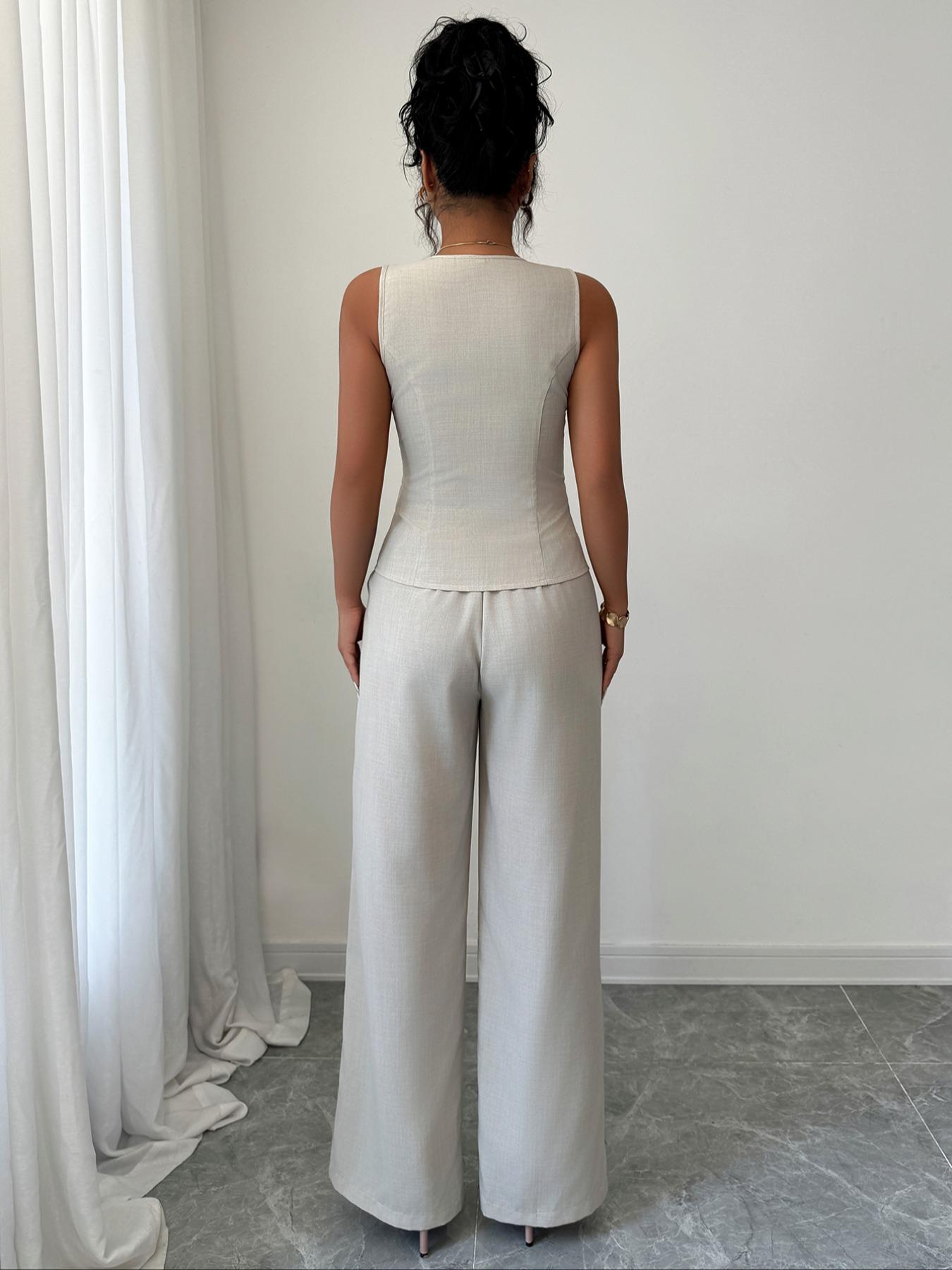 Colorblock V-Neck Sleeveless Vest Set with Wide Leg Pants, Spring & Fall Fashion, Slim Fit, Plain Pattern, Natural Waist