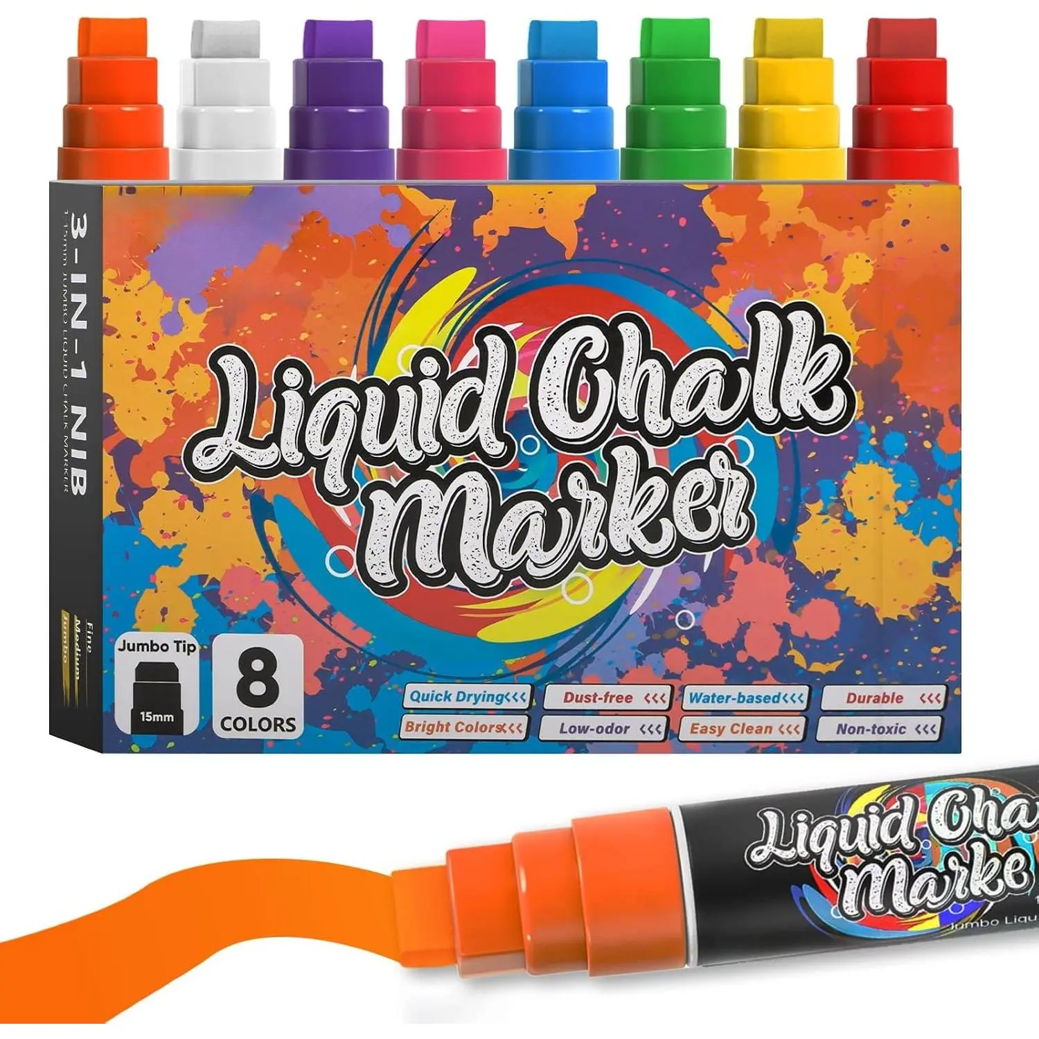 Window Markers for Glass Washable - 8  Colors | 15mm 3-in-1 Nib Thick Wide Tips |  Liquid Chalk Marker for  Windows, Bistro, Halloween Signs, Poster, Blackboards