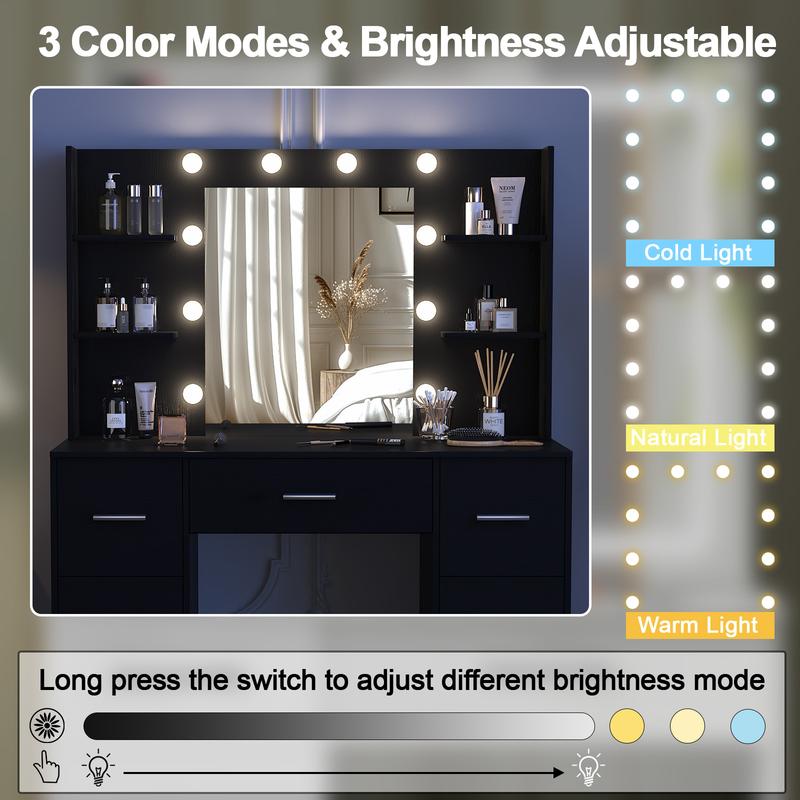 Black LED Dressing Mirror Makeup Table Bedroom Vanity Unit Set with 7 Drawers