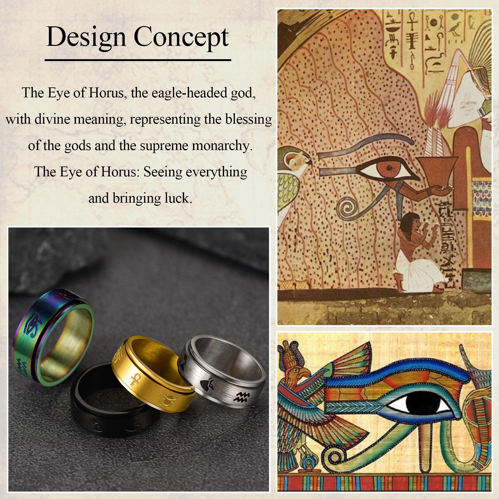 U7 Egyptian Ring Eye of Horus Ring for Men Women Rotatable Ankh Talisman Protection Jewelry Anxiety Release Spinning Ring Cuban Fidget Ring