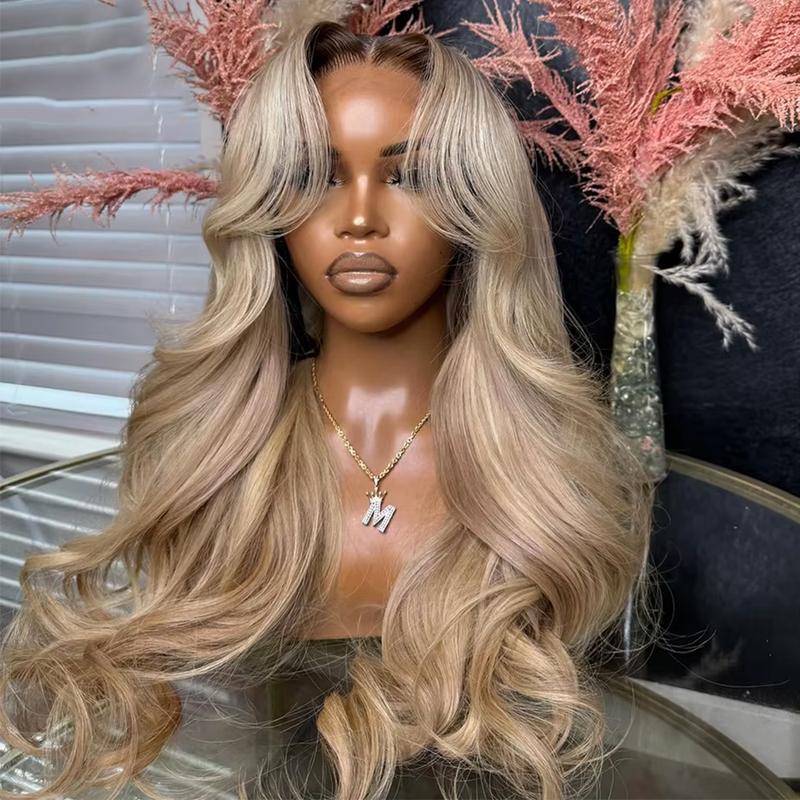 Ombre Brown Roots Ash Blonde Wigs Human Hair 180% Density 13x6 Body Wave HD Thin Lace Front Wig for Women Glueless Ombre Blonde Colored Lace Front Wigs