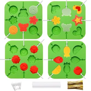 4Pcs 3D Cute Silicone Lollipop Molds Kit for Lollipop Chocolate Hard Candy with 100 Sticks 100 Bags and 100 Ties