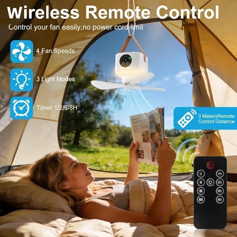 Camping Ceiling Fan, Usb Portable Fan, 3-Speed Ambient Light, 4-Speed Timer, 4-Speed Wind Speed Adjustment, Remote Control, USB Charging, Long Battery Life, Suitable for Camping, Home, Bedroom And Other Places