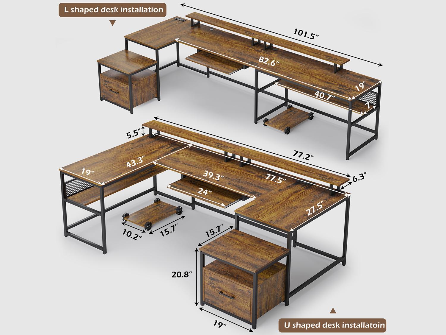 SEDETA 101.5 in. U-Shaped Computer Desk Reversible L-Shaped Desk  L-Shaped Executive Desk, Large Office Desk with Drawers and Lateral File Cabinet, Business Furniture with Storage Shelves, Modern Computer Desk for Home Office
