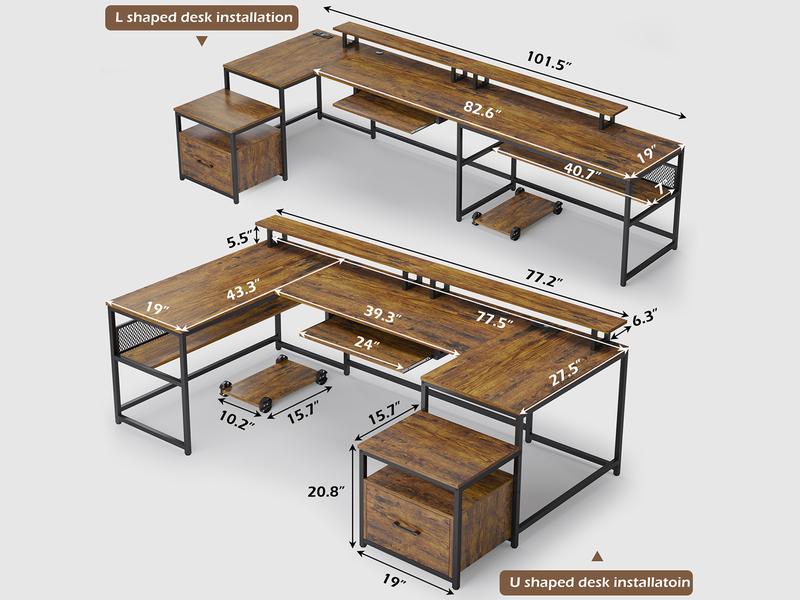 SEDETA 101.5 in. U-Shaped Computer Desk Reversible L-Shaped Desk  L-Shaped Executive Desk, Large Office Desk with Drawers and Lateral File Cabinet, Business Furniture with Storage Shelves, Modern Computer Desk for Home Office