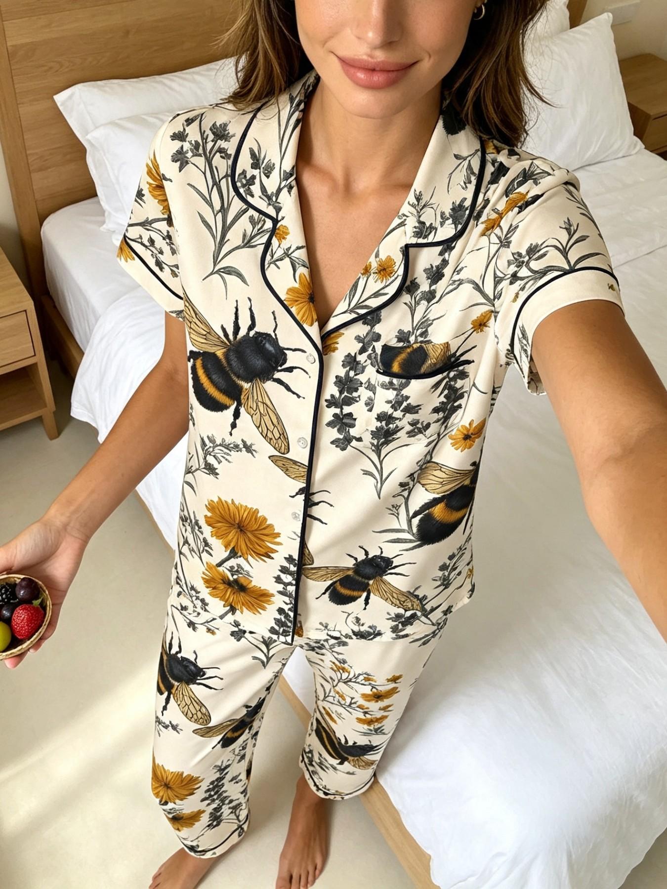 Women's 2-Piece Pajama Set, Short Sleeve Button-Up Shirt and Pants, Casual Home Wear, Floral Bee Daisy Print, All Seasons