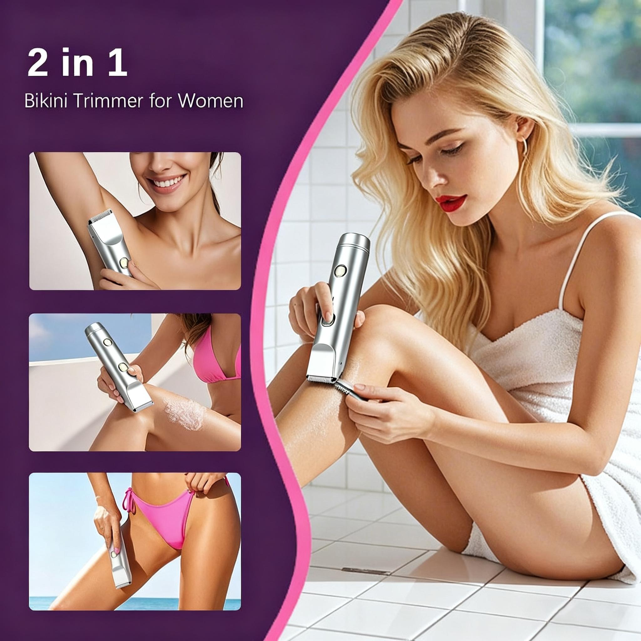 2 in 1 Electric Bikini Trimmer for Women, Dual Head Electric Razor Body Hair Trimmer , Wet/Dry Use Electric Shaver for Bikini Underarm Face Leg Arm Pubic Hair, Christmas Gifts