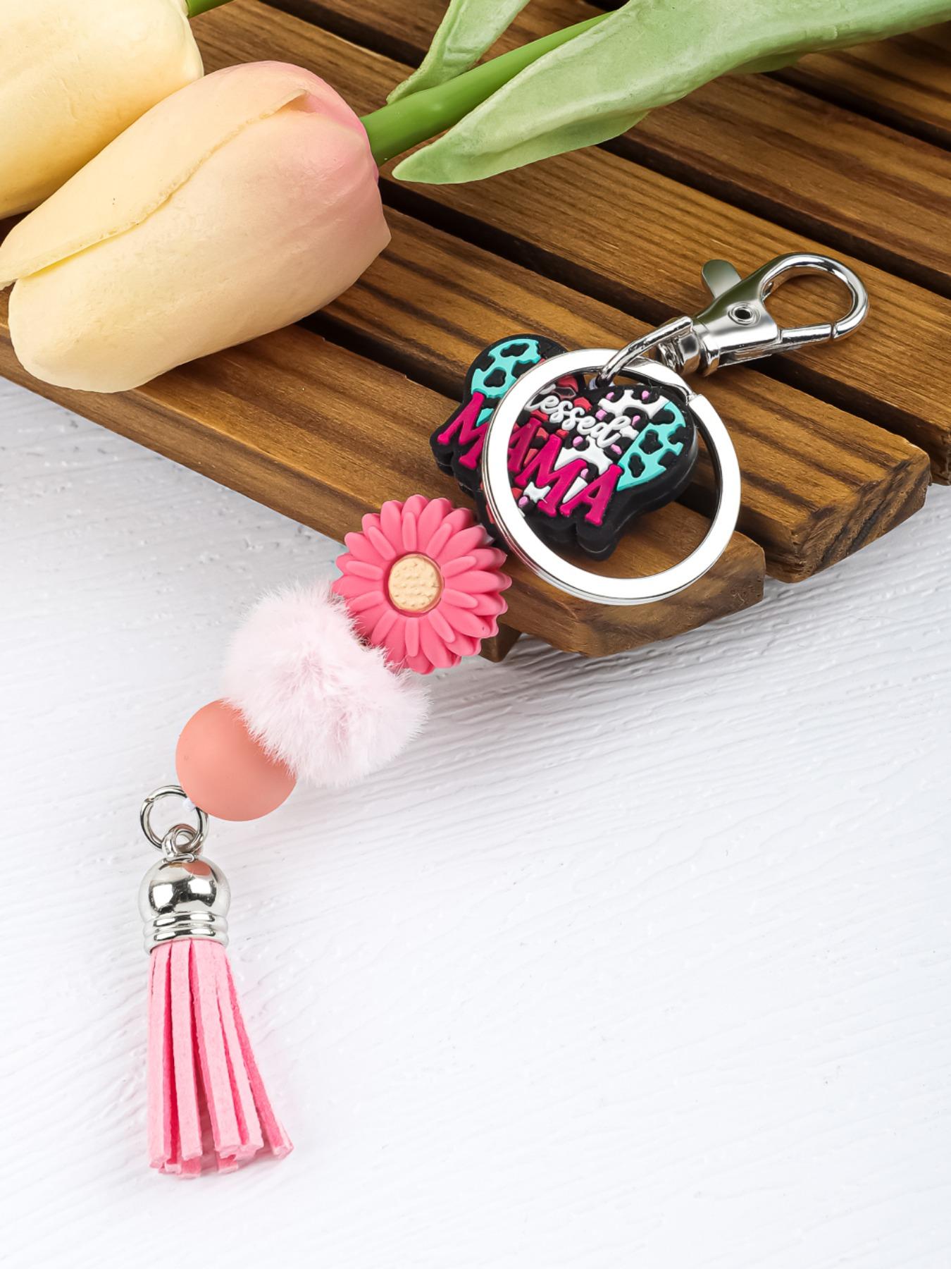 Mama Beaded Keychain, Mom Silicone Bead Key Ring, Mother's Day Gift, Leopard Print Keychain, Tassel Keychain, Mama Bag Charm, Sunflower Mama Keychain