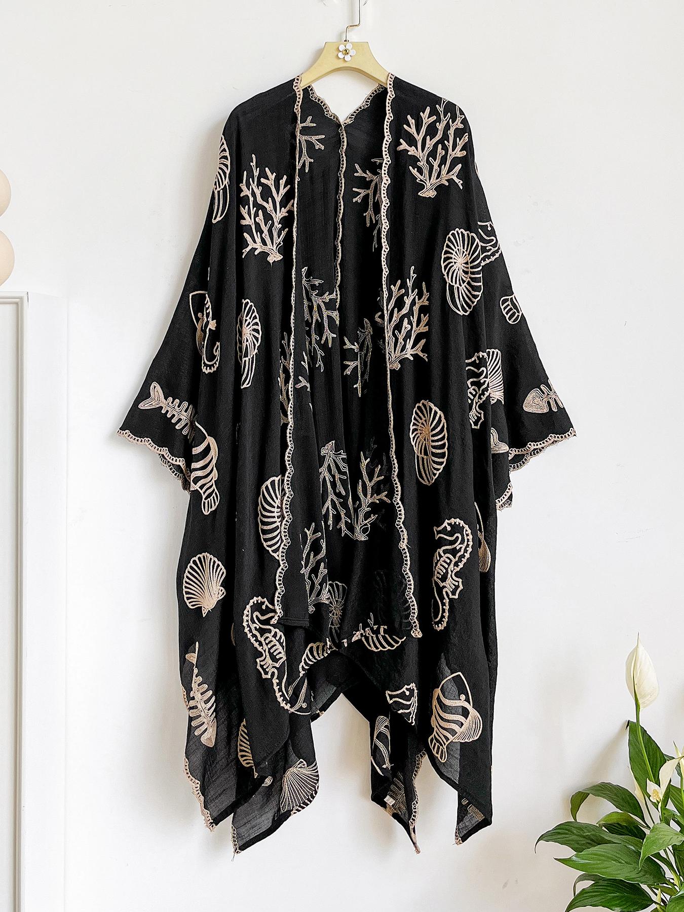 Boho Ocean Embroidered Split Scarf, Loose Fit Elegant All-Season Style, Perfect for Beach Vacations, Commuting and Dates