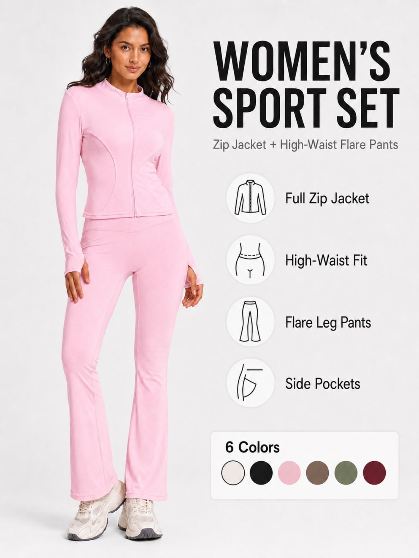 Women's Sport Set 2 Piece Outfits, Slim Fit High Stretch Activewear Running Zip Up Jacket and High Waist Flared Yoga Pants Tracksuit with Pockets Sportswear Set Athletic Clothes Set