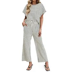 Tankaneo Womens Striped 2 Piece Sets Short Sleeve T Shirts Wide Leg Pants Matching Lounge Set with Pockets