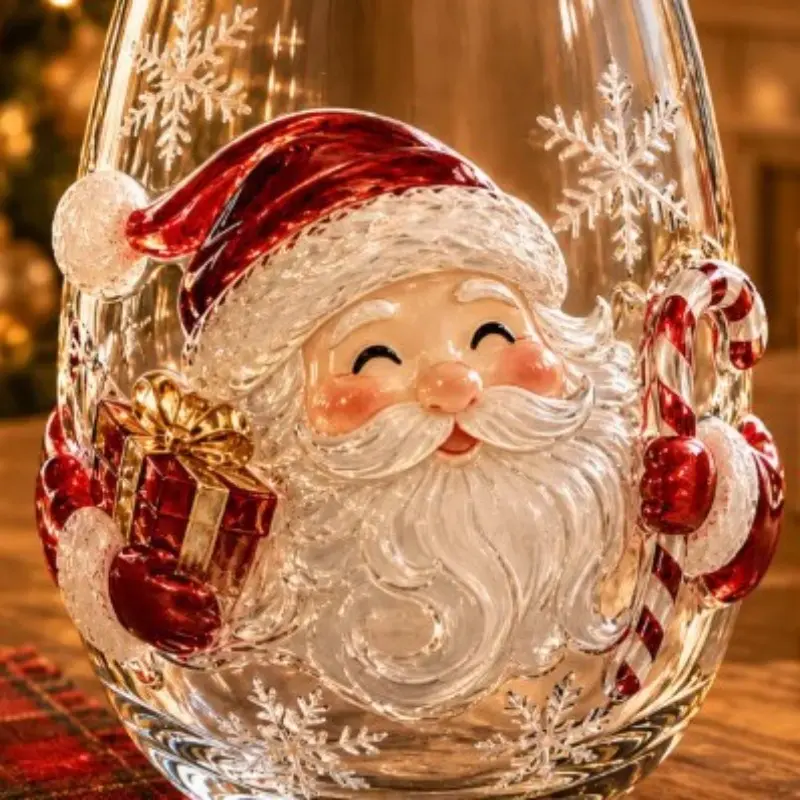 Vintage Santa Stemless Wine Glass, Egg‑Shaped Christmas Cocktail Glass, Hand‑Painted Santa Holiday Drinking Cup, Xmas Table Decor Gift