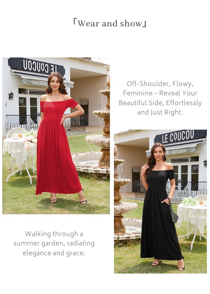 Chicovar Women's Off-Shoulder Spring Maxi Dress – Long/Short Sleeve with Pockets, Perfect for Vacation, Dinner & Semi-Formal Occasions,Fall/Spring/Summer Maxi Dress