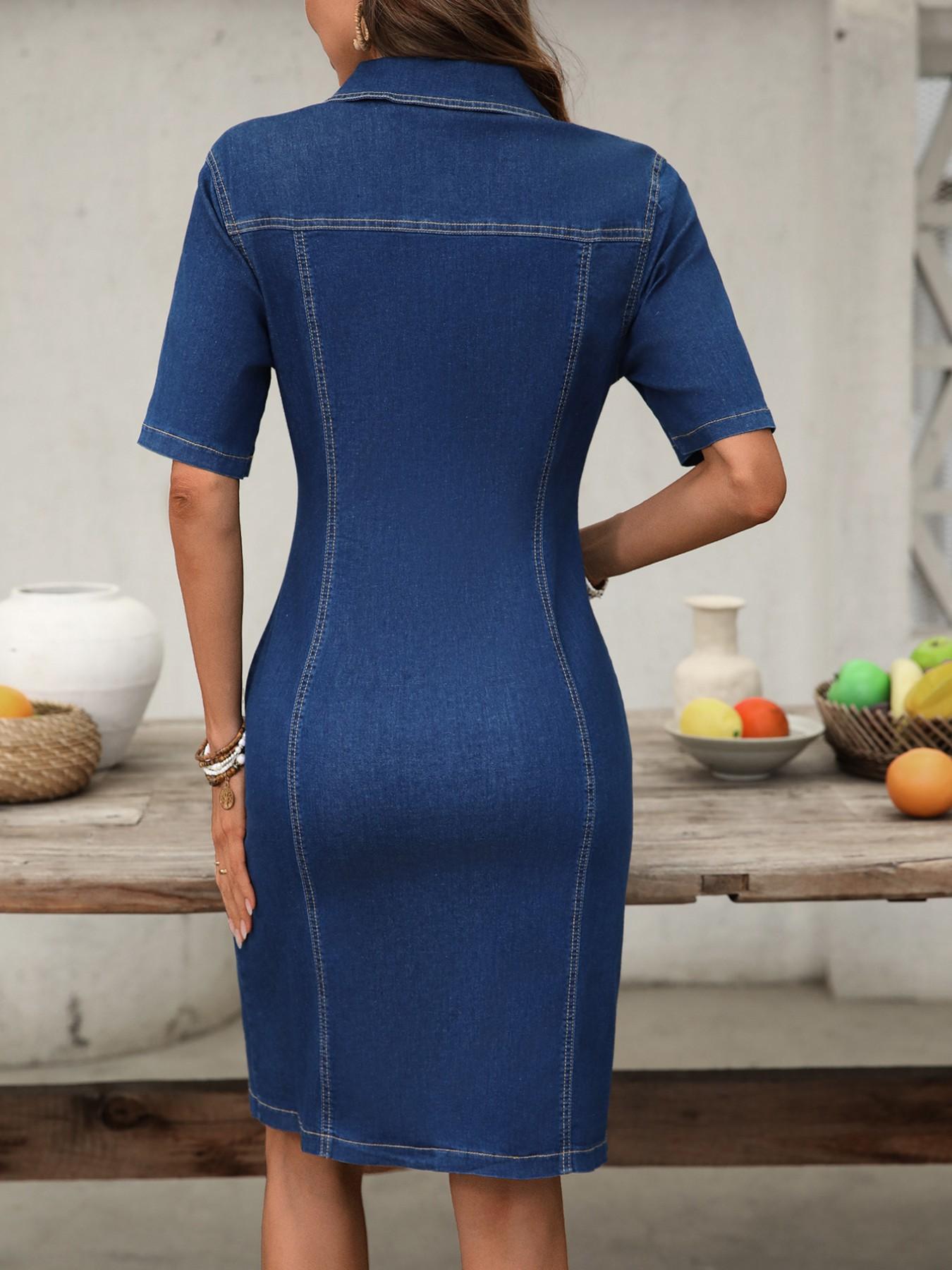 Women's Collar Short Sleeve Front Zipper Denim Solid Casual Dress for Summer Commute and Dating Summer Work Dresses