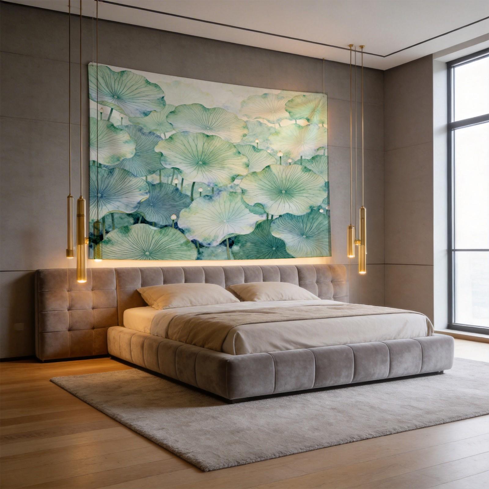 1 Piece Watercolor Lotus Leaf Tapestry, Green Lotus HD Digital Print Wall Hanging, Boho Aesthetic Decor Tapestry for Bedroom Living Room Dorm